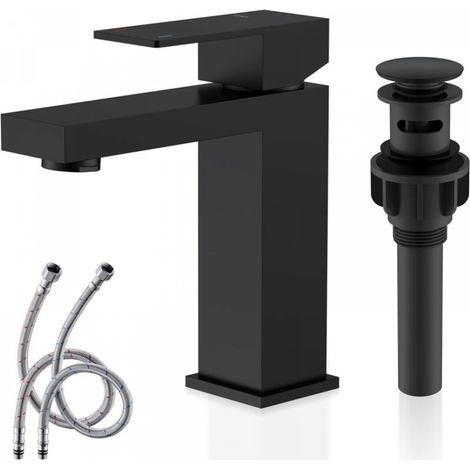 Robinet de lavabo de salle de bain noir mat à poignée unique, robinet de lavabo de salle de bain en acier inoxydable (1/3)