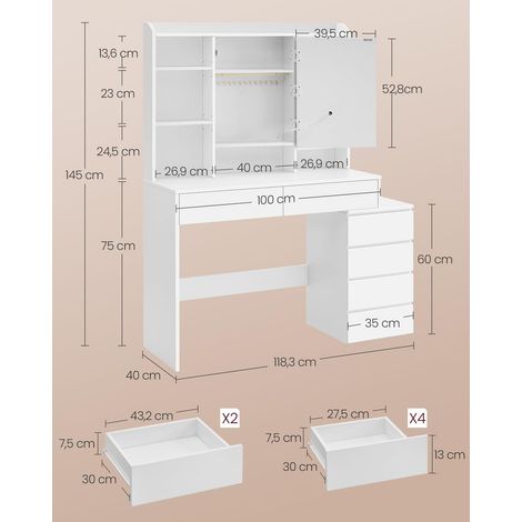 Coiffeuse moderne avec grand miroir lumineux réglable 40 x 118,3 x 145 cm ambiance épurée en panneau d’aggloméré blanc (1/2)