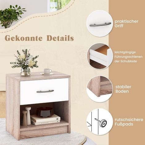 Mesita de noche con cajon mesita auxiliar pequena con compartimento abierto 385 x 28 x 405 cm natural blanco