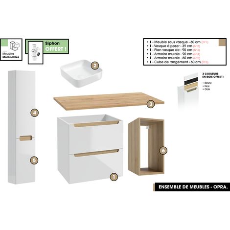 Ensemble complet de salle de bain - Meuble - Plan - Armoires - Cube - Vasque à poser avec Siphons OFFERT OPRA 90 x 60 x 45 cm (1/5)