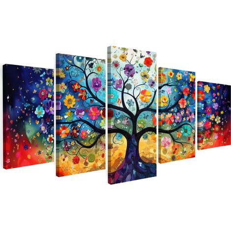 CUADRO EN LIENZO Colorido - Árbol de la vida - Flores - Abstracto Set de 5 150x80 (1/5)