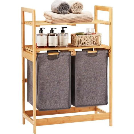 YOUDENOVA Bambus Wäschekorb mit 2 Ablagen und 2 Wäschesäcken Grau 93x64x33cm (1/5)