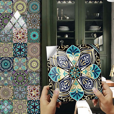 16 Pcs Papier Peint Carrelage Autocollant 10 X 10 Cm Style Mosaque Sticker Mural Film Dcoratif Impermable Pour Carreaux De Mur De Salle De Bains E (1/5)
