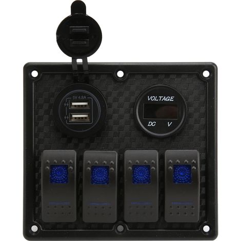 Panneau 4 interrupteurs à bascule 5 broches avec voltmètre, port USB double charge rapide 4.8A, universel pour voiture camping-car bateau, bleu (1/5)