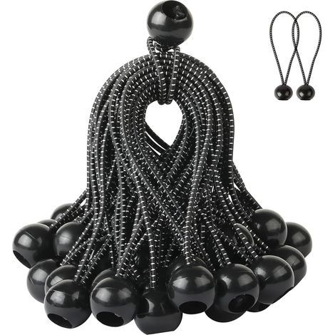 Elastic bungee cords, 50 elastic bungee cords with ball for tarpaulins, tents, shade sails, 200 mm (black with white polka dots) (1/5)