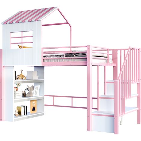 Lit mezzanine 90x200 cm, design maison, barrière de sécurité haute, étagère de rangement à plusieurs niveaux, échelle sécurisée (montage gauche/droite), lit enfant et ado, rose (1/5)