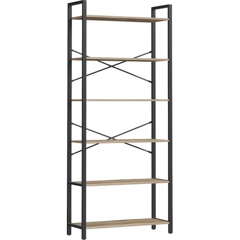 Étagère 6 Niveaux, Bibliothèque, Meuble de Rangement, pour Bureau, Salon, Chambre, 30 x 80 x 186 cm, Style Industriel, Marron Chameau et Noir d'Encre (1/5)