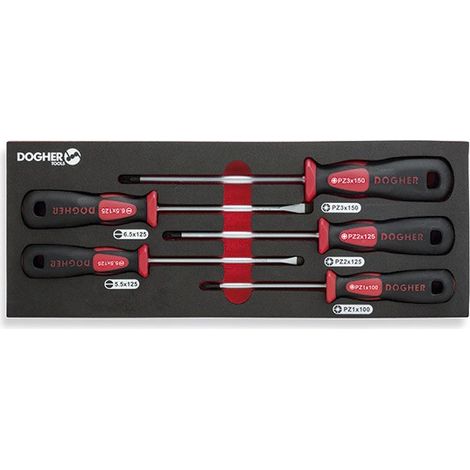 Bandeja combinable con 5 destornilladores boca recta y PZ, profesional  DOGHER 330-081
