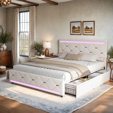 Lit 140x190 cm avec rangement, tête de lit avec LED et multiprise USB Type-C, lit coffre capitonné avec 4 tiroirs, 2 places, Sommier à Lattes, Tissu Velours, Beige (1/5)