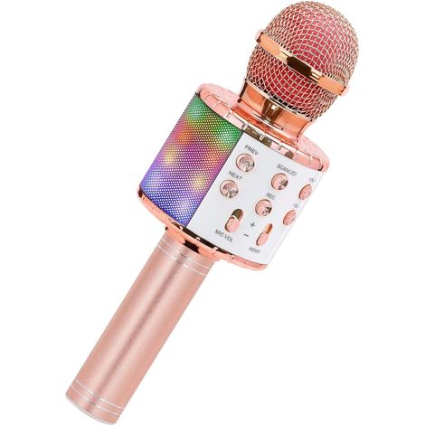 Microphone Sans Fil Karaoké, Microphone Bluetooth 4 en 1 Portable Lecteur Karaoké avec Lumières LED de Danse, pour Fête Chanter Idée Cadeau Enfants (Or Rose), (1/4)