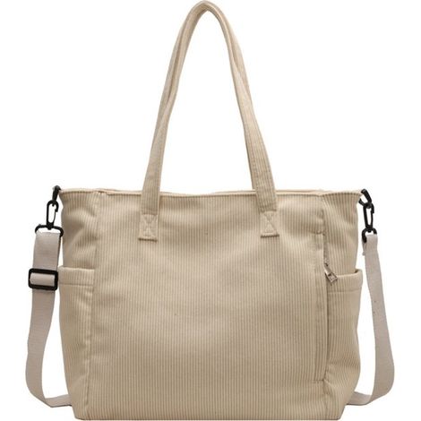 Borsa a tracolla/tote in velluto a coste color bianco sporco, 39 x 14 x 28 cm, borsa grande per la spesa e il pendolarismo. (1/5)