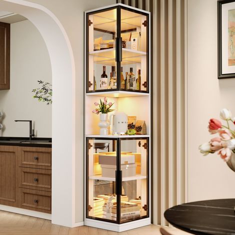 Vitrine LED 42x44x205 cm en panneaux de bois blanc, avec rangement, salon FLORAGRACE (1/5)