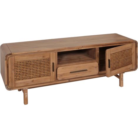 TV-Rack HHG-011, Fernsehtisch Lowboard Kommode, Staufächer Schublade, Rattan Akazie Massiv-Holz gebeizt 160cm 32kg
