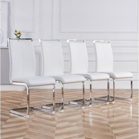 Lote de 4 sillas de comedor, respaldo acolchado en polipiel PU, estructura de metal cromado, carga hasta 120kg, Blanco (1/5)