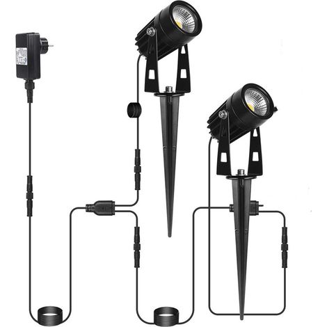 Foco LED para exterior de 12 V, foco LED 2 en 1 para jardín, resistente al agua, IP65, luces con estaca de 3 W, foco LED blanco cálido de 3000 K para caminos, plantas y terrazas (1/4)