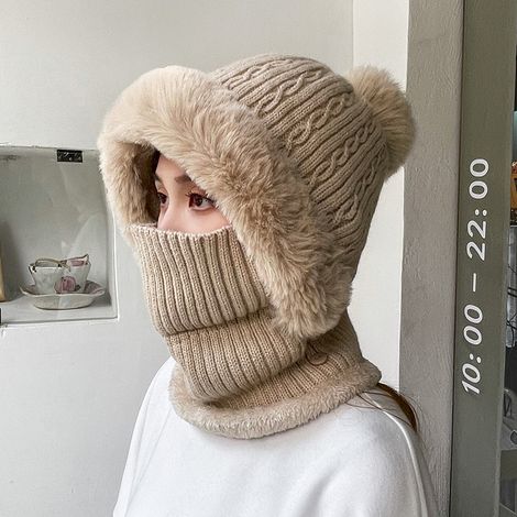 Ahlsen Winterwarme Strickmütze und Halswärmer-Sets, Sturmhaube, flexible Strickmütze mit Haarball, Damen-Strick-Sturmhaube für Outdoor-Sport, Einheitsgröße (1/3)