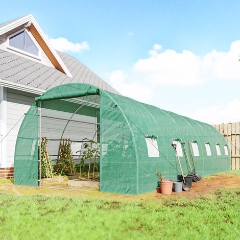 Serre de jardin tunnel 8x3x2 m avec porte enroulable - couverture en PE structure en acier - serre jardin en dôme avec 12 fenêtres - verte