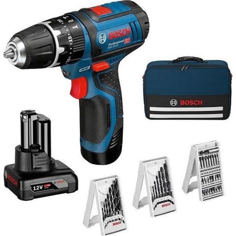 Perceuse-visseuse a percussion Bosch Professional GSB 12V-15, 2 batteries 2Ah et 4Ah, 1 chargeur et set d'accessoire - 06019B690 (1/4)