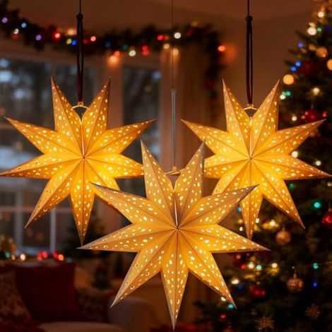 Lanterne suspendue 3D, abat-jour en papier blanc en forme d'étoile à neuf branches (3 pièces), créant une ambiance chaleureuse et romantique pour les décorations de Noël. (1/5)
