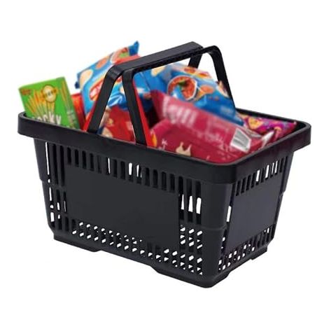Lot 12 Paniers Courses Plastique PP 28L Capacité 10Kg, Empilables Rectangulaires Noir paniers Provisions Avec Poignées Pour Supermarché Magasin Transport Légumes Fruits Linge Jouets Robuste (1/5)