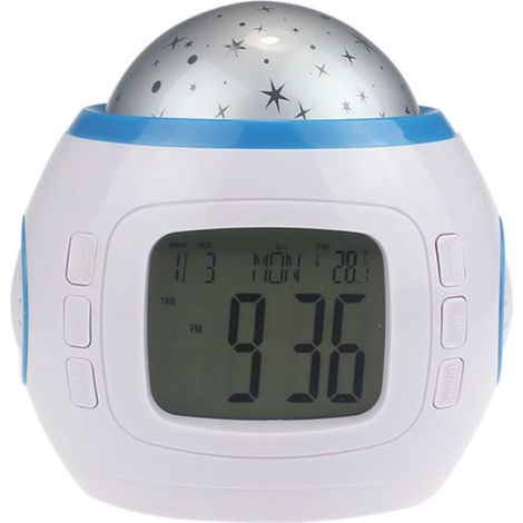 Réveil musical à projection d'étoiles colorées, calendrier perpétuel, thermomètre, fonction snooze (sons de la nature)