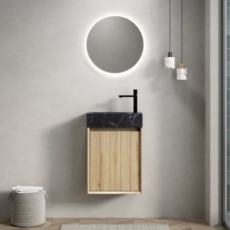 Meuble vasque suspendu 40cm, marbre noir effet pierre, placage chêne blanc, 1 porte (1/5)