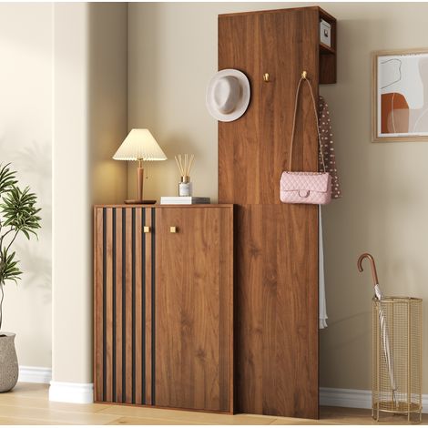 Conjunto de recibidor 115x38,5x191,5 cm en MDF nogal con zapatero y perchero – MEUBLIV (1/5)