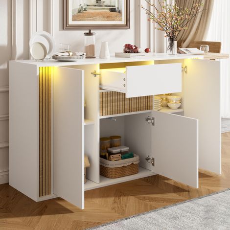 Aparador 140 x 40 x 82 cm, 3 puertas, 1 cajón, LED regulable, blanco y madera natural DESVIAE (1/5)