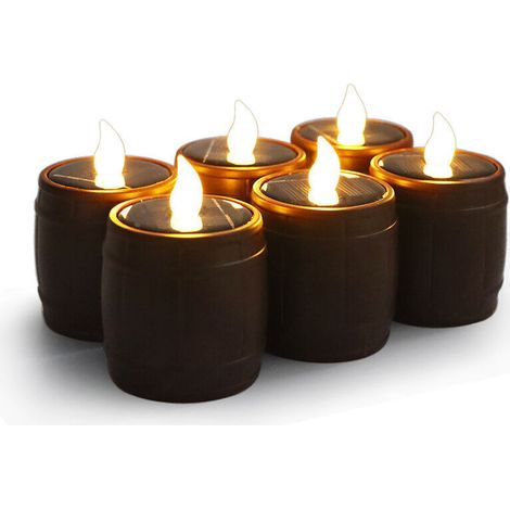 Pack of 6 Solar Sensor Candles in Wine Barrel Shape, Warm White Tea Light, Flickering LED Night Light, Event, Party, Wedding Decor - Brown (1/5)