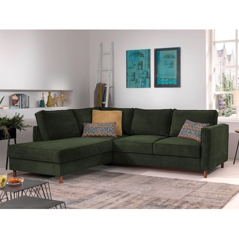 Lisa Design – Canapé d'angle convertible 5 places – Revêtement en velours côtelé vert – Structure en bois massif – Dimensions L230xH84xP198 cm (1/5)