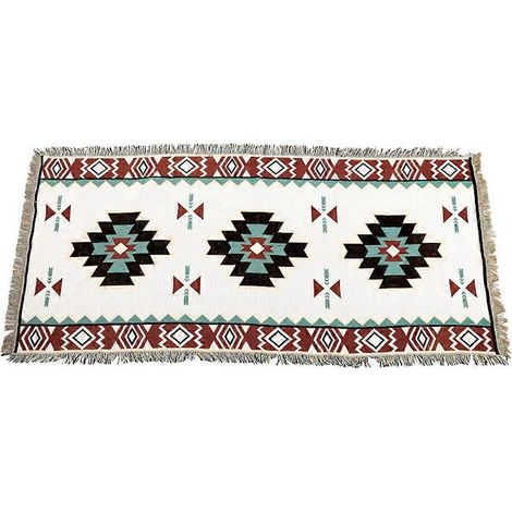 Couverture tribale 210 x 90 cm, style ethnique, géométrique, avec pompons, idéale pour canapé d'extérieur, camping, pique-nique, plage, tente (neuve)