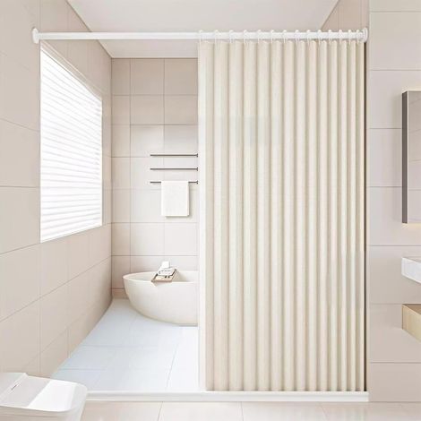 Rideau de Douche Magnétique Pliable et imperméable avec Crochets, Séparation Humide et sèche, Rideaux de Douche en Polyester Lin très résistants pour Salle de Bain, Beige, 100x200cm (1/5)