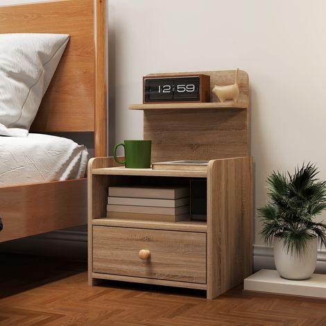 Tavolino laterale, comodino con vano contenitore, in truciolato, antiribaltamento, moderno, in legno naturale