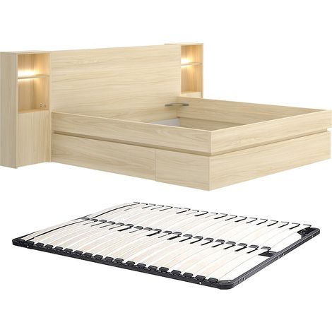 Letto con comodini e contenitori 160 x 200 cmCon LED e porta USB Naturale chiaro + Rete - LARONIA