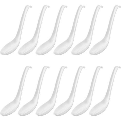 12 Pieces Asian Soup Spoons Hook Style Ramen Spoon White Noodle Soup Spoons Japanese Melamine Rice Spoon with Hook Handle Chinese Wonton Soup Spoon for Soba Rice Pho Ramen Noodle, 6.3 Inch (1/5)