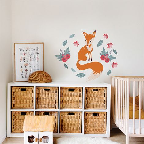 Sticker décoratif, renard dessinée avec des fleurs autour multicolor, 68 cm X 48 cm (1/5)
