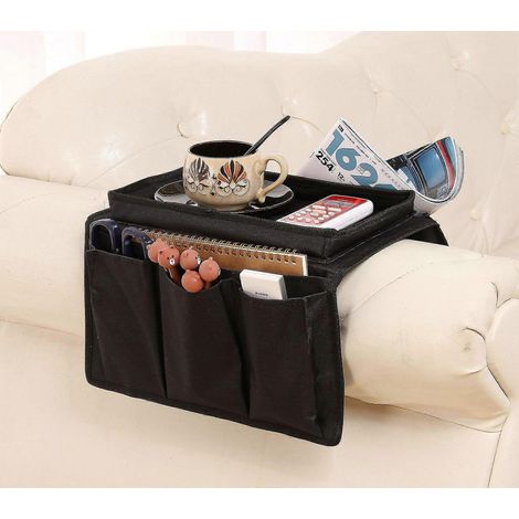 Sac de rangement pour accoudoir de canapé, 30 x 18 x 18 cm, tissu Oxford 600D, noir, sac de rangement à 4 poches. (1/5)