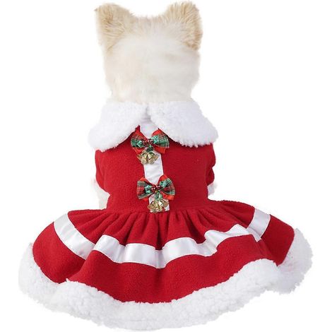 Robe de Noël pour chien, douce, chaude, mignonne et tendance, idéale pour les fêtes et le quotidien, avec un nœud à clochette rouge. (1/2)