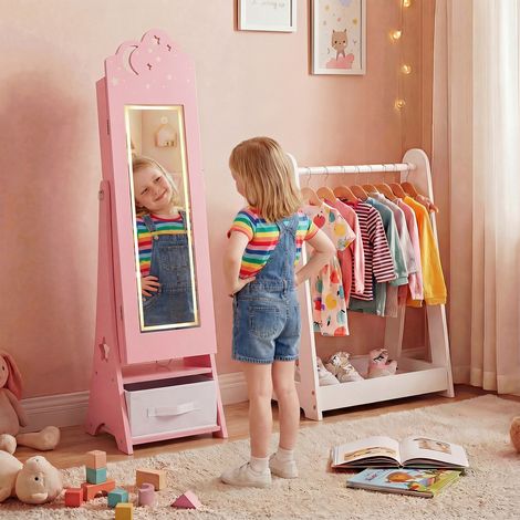Armoire à bijoux enfant rose sur pied avec miroir pleine longueur, éclairage LED et rangements pour chambre (1/4)