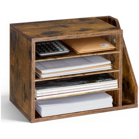 Briefablage mit 4 Fächern & Herausnehmbaren Regalböden, Dokumentenablage aus Holz mit Stehsammler, Aktenhalter für Büro Klassenzimmer, Literaturorganizer für Akten Dokumenten Papier, Braun (1/5)