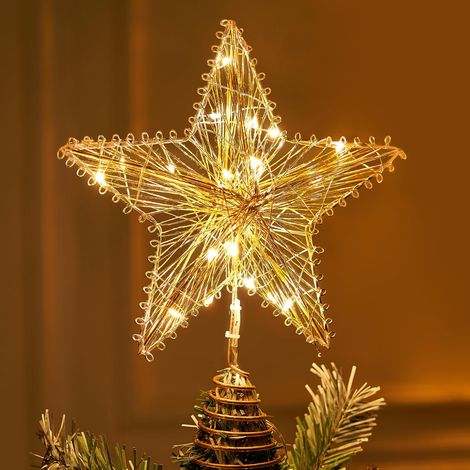 Cimier de sapin de Noël en métal doré de 20,3 cm avec lumières LED blanches chaudes alimentées par piles pour décoration d'intérieur (1/5)