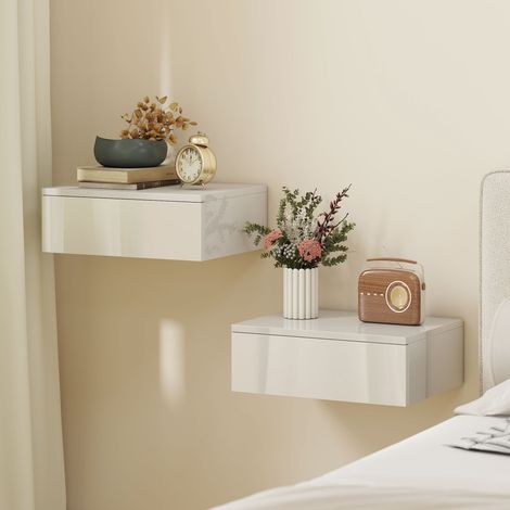 Ensemble de 2 tables de chevet murales avec tiroir, en aggloméré blanc, pour chambre à coucher (1/5)