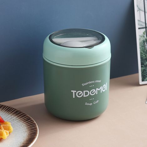GROOFOO Boîte Repas Isotherme Acier Inoxydable, Thermos Alimentaire Chaud avec Cuillère Repliable, Lunch Box BPA-Free, Récipient à Soupe et Café pour Emporter, Couvercle Hermétique, 700ml, Vert (1/3)