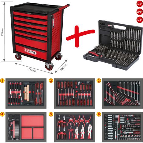 KS Tools RACINGline SCHWARZ/ROT Werkstattwagen mit 7 Schubladen und 598 Premium-Werkzeugen