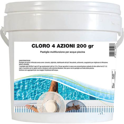 Cloro 4 azioni a Pastiglie per (5 KG: 25 Pastiglie da 200 gr ) - Cloro a lenta dissoluzione ad azione clorante, alghicida, stabilizzante del pH, flocc (1/5)