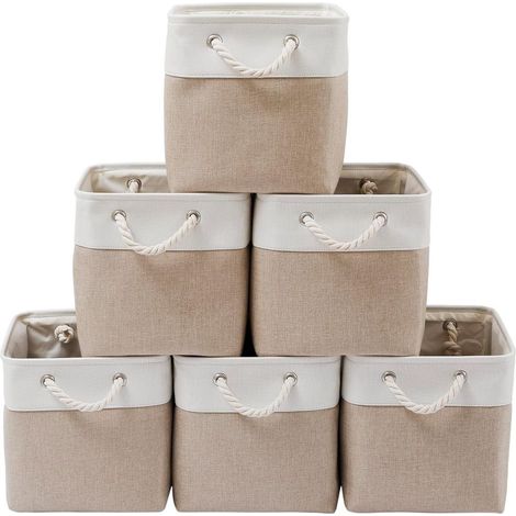Lot de 6 grandes boîtes de rangement cubiques pliables en tissu avec cordes, bureau, placard, vêtements, jouets (blanc et beige) (1/5)