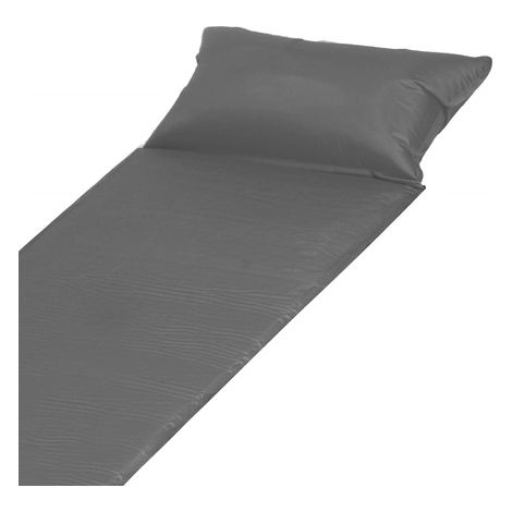 Selbstaufblasende Matte, 186 cm mit Kissen und grauem Reisebezug.
