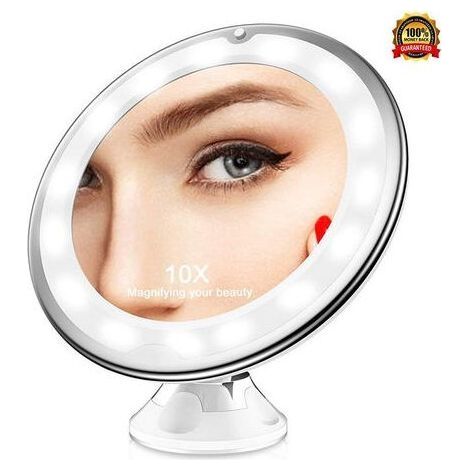 Miroir Grossissant X10, Miroir Grossissant Lumineux LED de Voyage avec Ventouse, Miroir Grossissant Mural Portable, Rotation à 360°, Miroir à Poser Idéal pour Rasage et Maquillage (1/5)