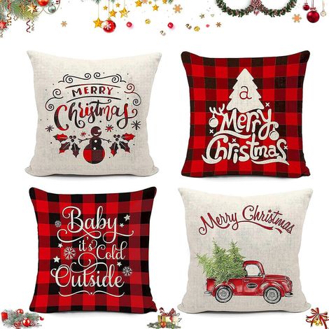 4 Housses Coussin Noel 45x45cm,coussin Taie D'oreiller Nol,deco Canap Taie D'oreiller,nol Dcoratif Canap En Coton Et Lin Nol Nol Dcoration (1/5)