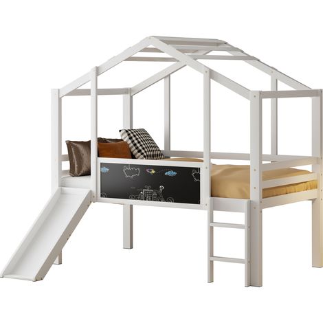 Lit enfant 90 x 200 cm, design maison avec échelle de sécurité et toboggan de sécurité, tableau à craie, lit multifonction en bois massif, lit simple mezzanine, blanc (1/5)